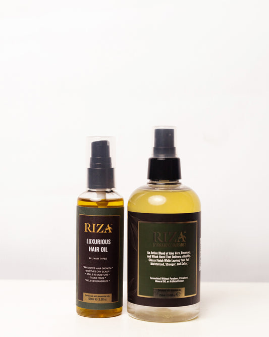 Riza Hair Products Bundle with nourishing hair oil and hydrating hair mist for healthy, shiny hair.