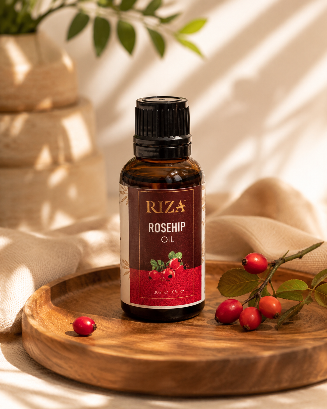 Natural rosehip oil for face brightening and anti-aging.