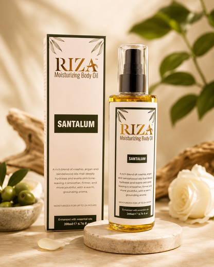 Riza Santalum body oil for glowing skin with a warm, woody sandalwood scent.