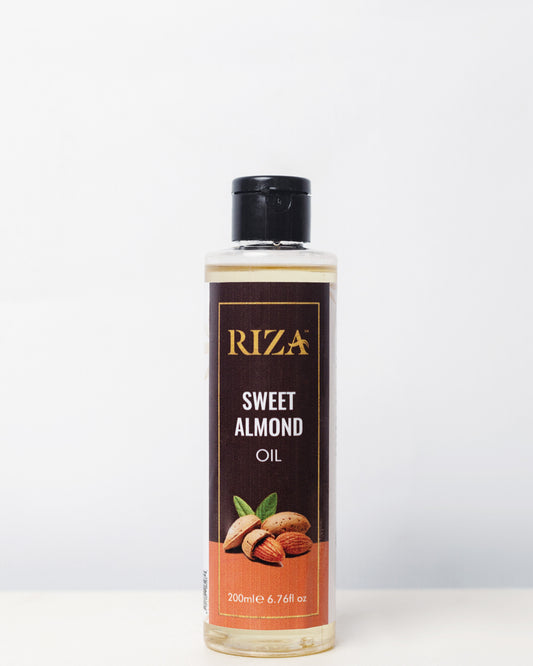 Riza Sweet Almond Oil for soft, nourished skin and healthy hair care.

