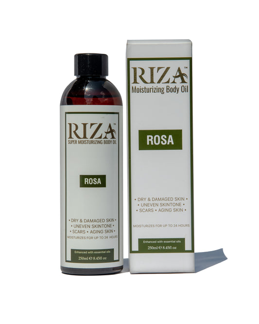 Riza Rosa body oil for smooth, even and glowing skin with a clean elegant scent.
