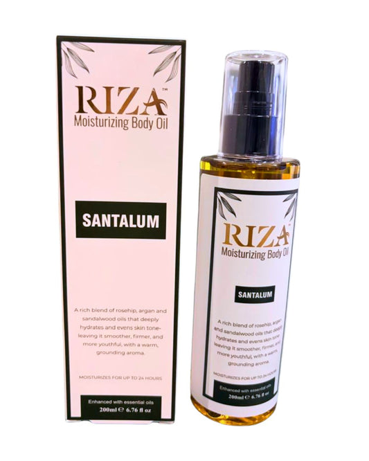 Riza Santalum body oil for glowing skin with a warm, woody sandalwood scent.